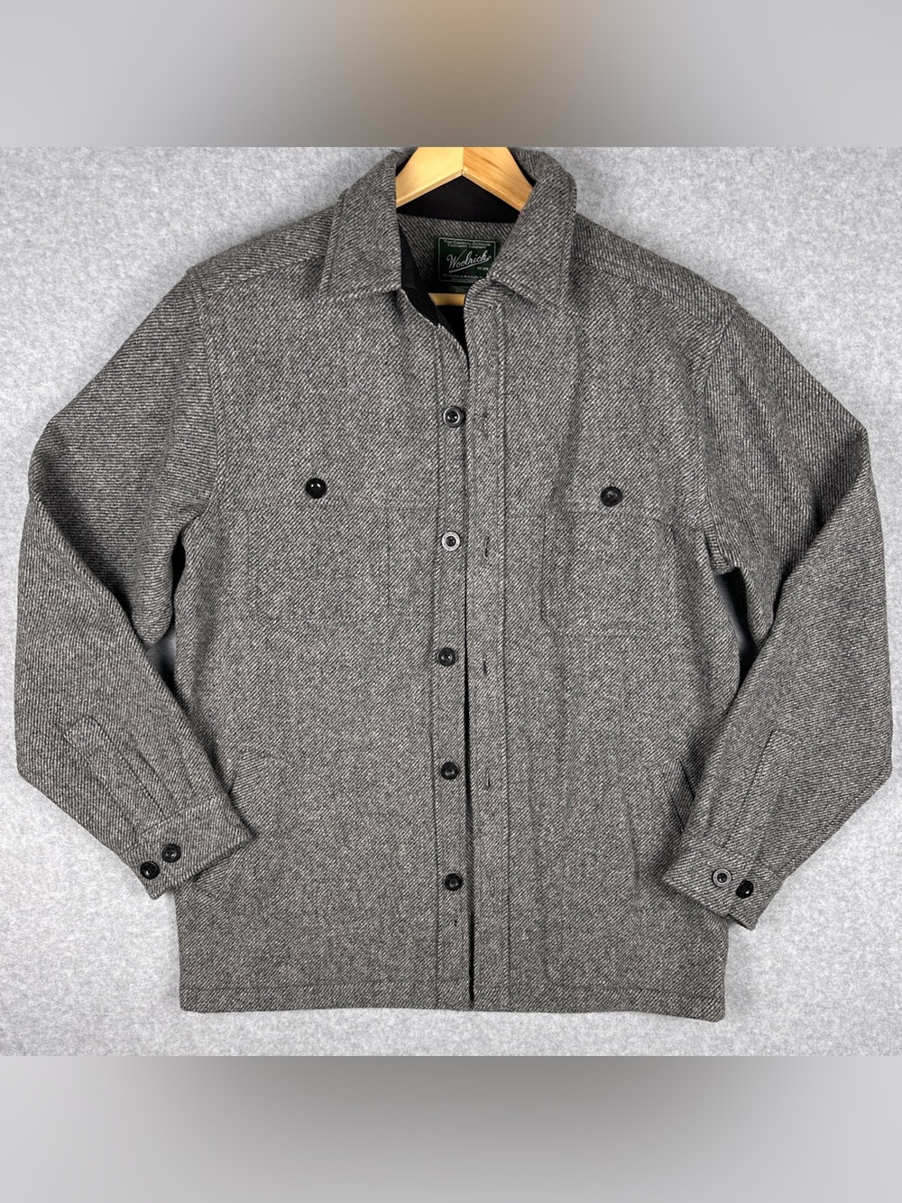 Woolrich Mens Medium Wool Blend Shirt Jacket Gray Herringbone Overshirt